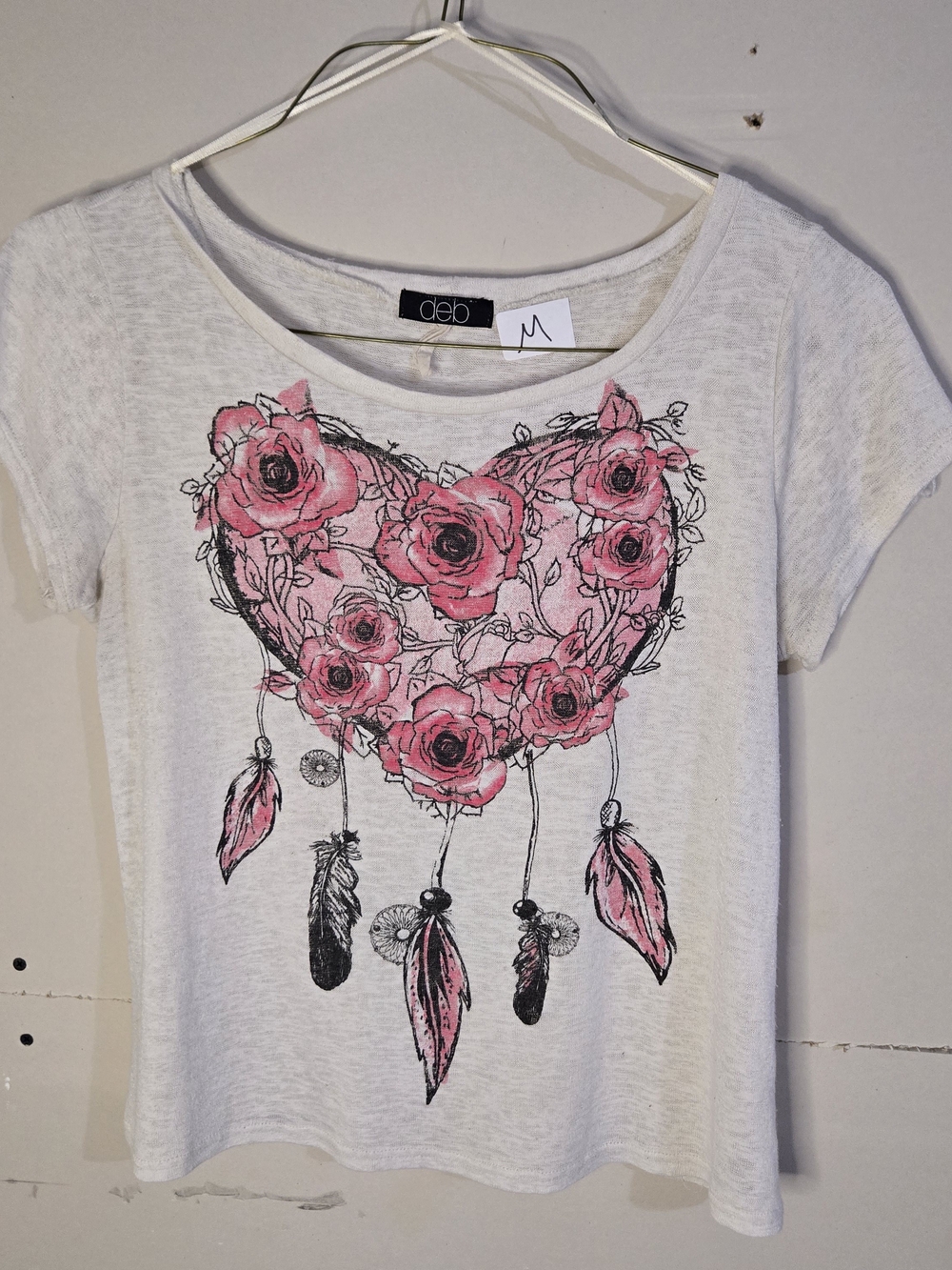 Deb White Short Sleeve Tee with Pink Floral Heart and Feather Motif
